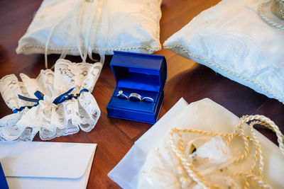 High angle view of paper on table