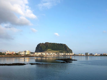 Mount halla on sea shore against sky