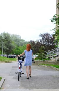 Rear view of woman walking on road