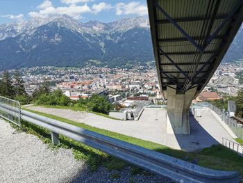 Aerial view of townscape and mountains