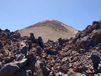 Scenic view of rocky mountains against clear blue sky