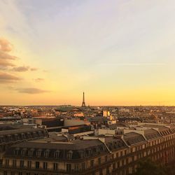 High angle view of cityscape against sky during sunset