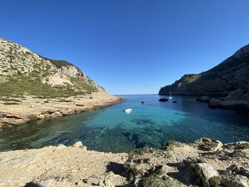 Scenic view of sea against clear blue sky