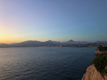 Scenic view of sea against clear blue sky