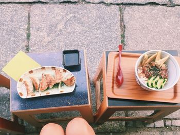 High angle view of food served on tables