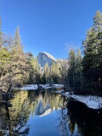 Scenic view of lake against clear blue sky