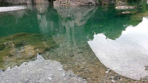 Reflection of rocks in lake
