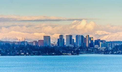 The skyline of bellevue, washington in the evening.