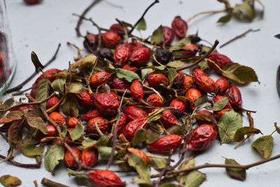 High angle view of red chili peppers in plate