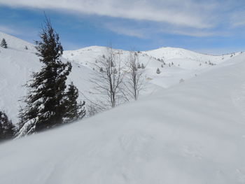 Snow covered landscape against sky