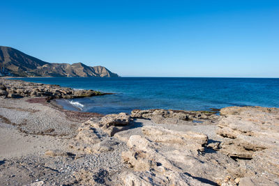 Scenic view of sea against clear blue sky