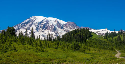 Scenic view of mountains against clear blue sky