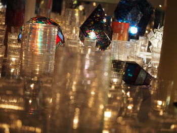 Close-up of illuminated glass building at night