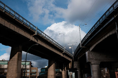 Low angle view of bridge against sky in city