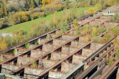 High angle view of coal bunkers in steel mill