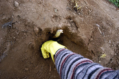 High angle view of person working on mud