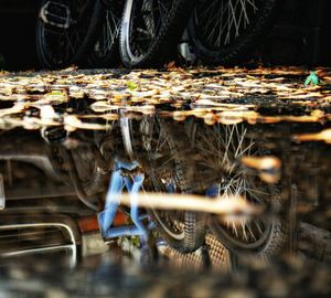 Reflection of bicycle on puddle