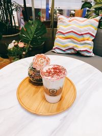 Close-up of cake served on table in restaurant