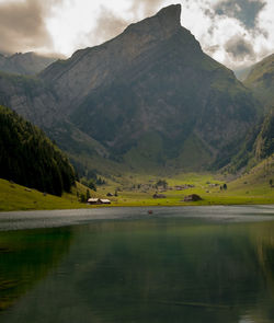 Scenic view of lake and mountains against sky