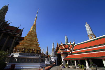 Low angle view of temple against clear blue sky