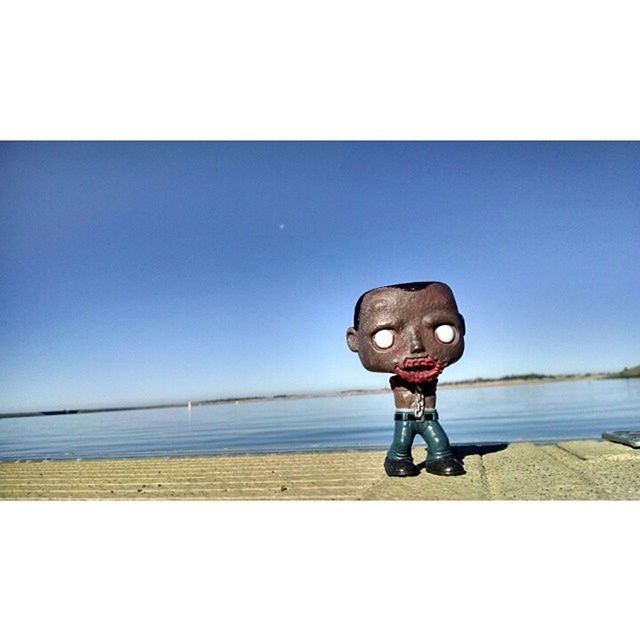 copy space, clear sky, portrait, standing, front view, looking at camera, sea, auto post production filter, blue, full length, beach, water, transfer print, human representation, lifestyles, outdoors, dog, young men