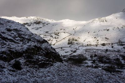 Scenic view of mountains against sky during winter