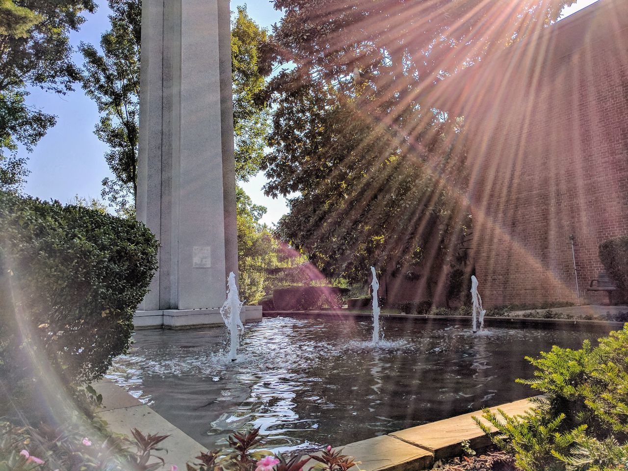 water, fountain, tree, day, nature, outdoors, motion, waterfall, real people, growth, long exposure, sunlight, spraying, beauty in nature, architecture, sky