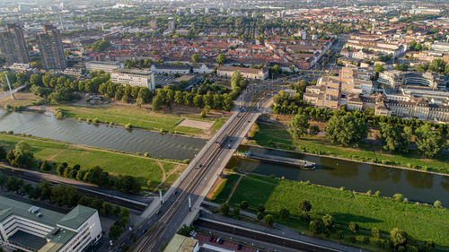 High angle view of road amidst buildings in city