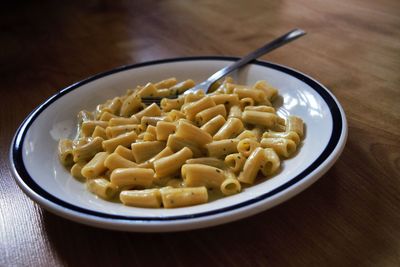 High angle view of pasta in bowl on table