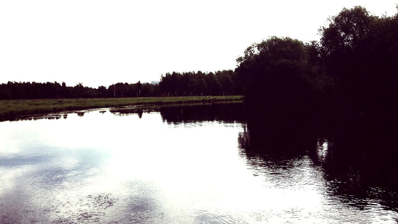 water, reflection, tree, lake, tranquility, clear sky, tranquil scene, waterfront, scenics, beauty in nature, nature, silhouette, copy space, river, standing water, calm, sky, idyllic, outdoors, no people