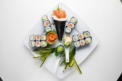 High angle view of sushi served on plate