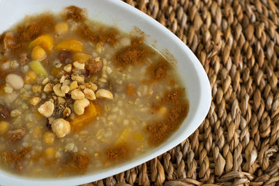 High angle view of breakfast in bowl on table