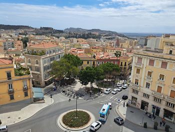 High angle view of buildings in city