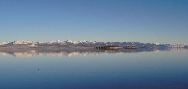 Scenic view of lake by snowcapped mountains against clear blue sky