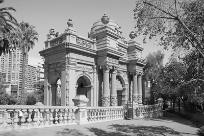 Santa lucia hill public park with the fountain of neptune, downtown santiago, chile in monochrome