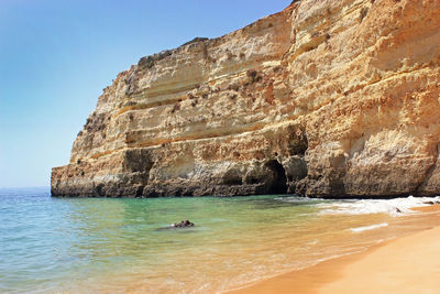 Scenic view of rock formation in sea against sky