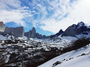 Scenic view of snowcapped mountains against sky