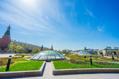 View of buildings against blue sky