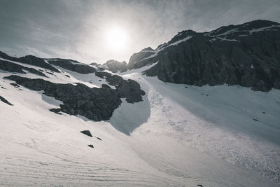 Scenic view of snow covered mountains against sky