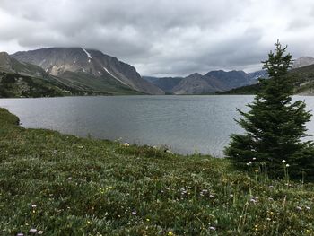 Scenic view of lake and mountains against sky