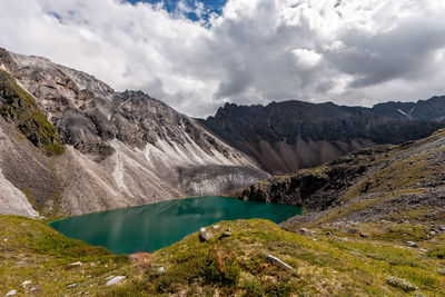 Scenic view of lake and mountains against sky