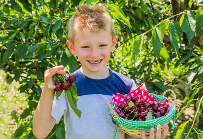Portrait of boy holding apple against plants