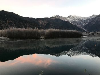 Scenic view of lake and mountains against sky