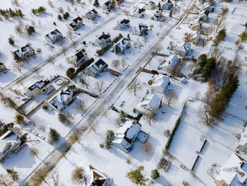 High angle view of snow on building