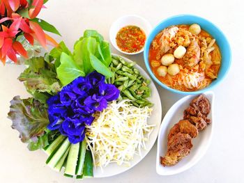 High angle view of meal served on table