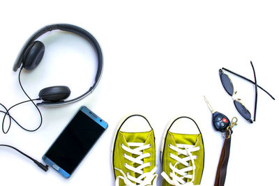 High angle view of various objects against white background