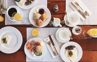 High angle view of breakfast on table