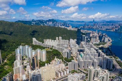 High angle view of buildings in city