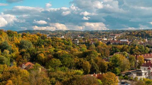 High angle view of trees and buildings against sky