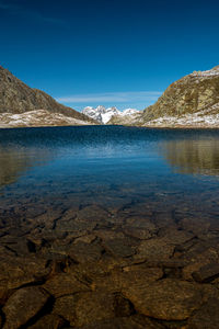 Scenic view of lake against blue sky